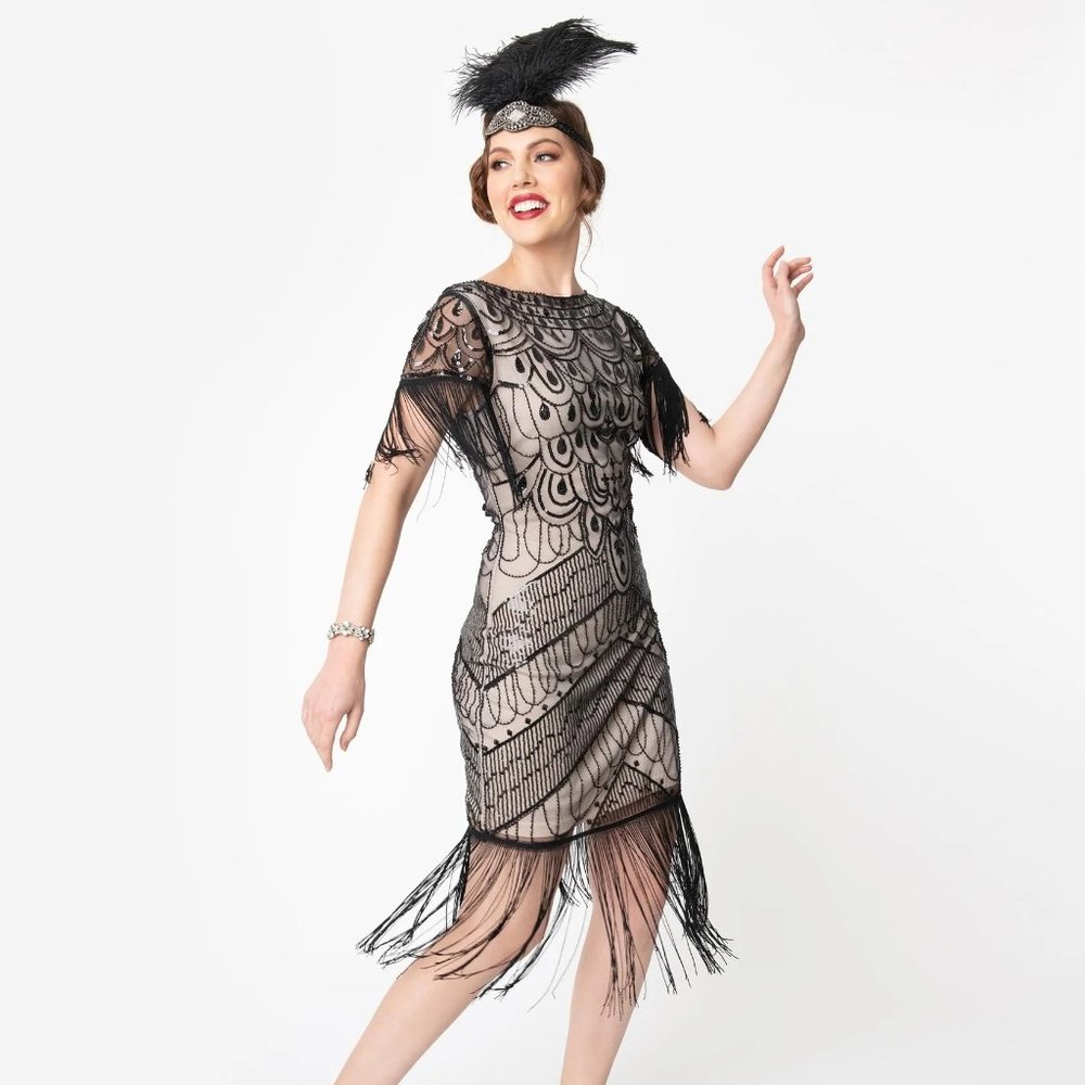 Unique Vintage Sequin Fringe Sleeved Laure Flapper Dress Size XL NWT